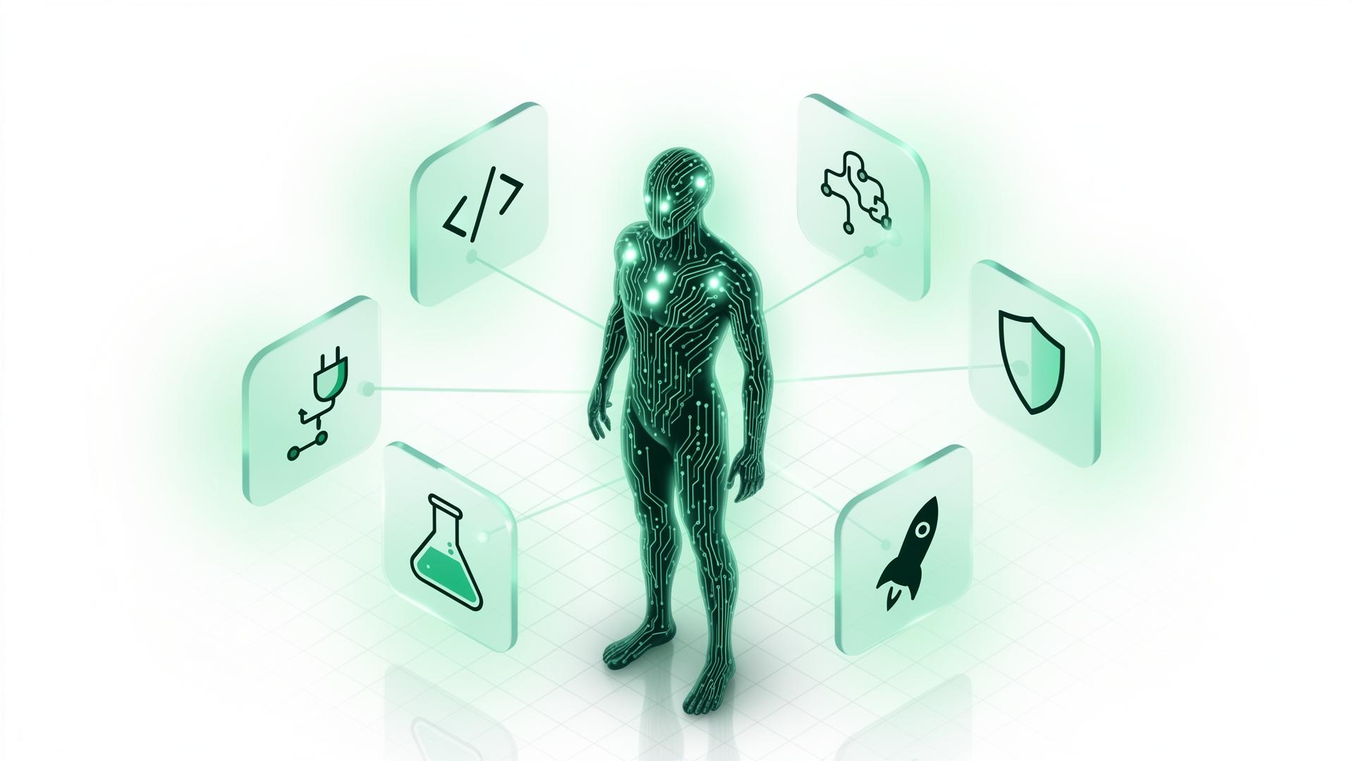 AI Agent Development, circuit-traced humanoid agent surrounded by six glowing capability tiles representing engineering, workflow, integration, security, testing and deployment