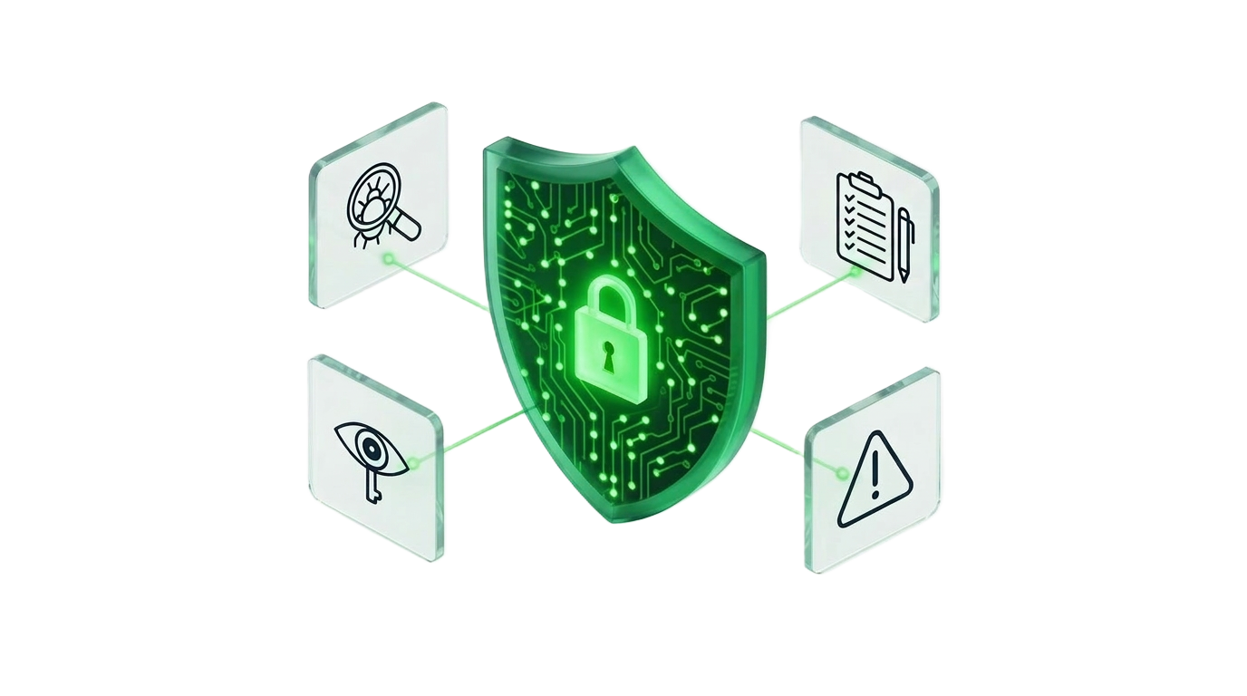 AI Security Audit, circuit-traced shield with a glowing padlock, surrounded by glass tiles representing vulnerability scanning, audit checklists, access review and risk findings