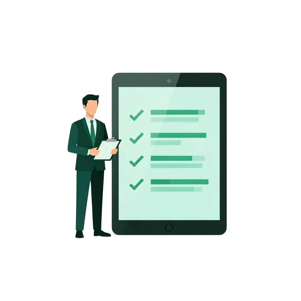 Illustration of a professional reviewing a checklist on a tablet, AI readiness assessment