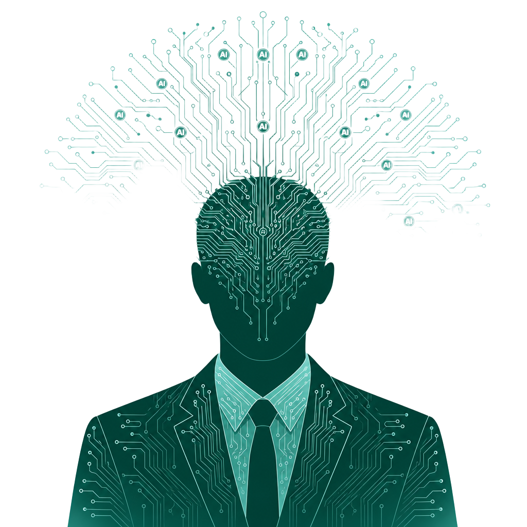 Virtual Chief AI Officer, silhouette of an executive with a circuit-board AI brain expanding outward, representing embedded AI intelligence augmenting human leadership